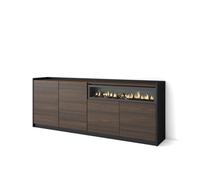 Aparador para salón, gran capacidad de almacenaje, 207x37x80 cm, 4 puertas, chimenea eléctrica, estilo moderno, roble oscuro y negro