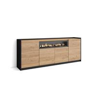 Aparador para salón, gran capacidad de almacenaje, 207x37x80 cm, 4 puertas, chimenea eléctrica, estilo moderno, roble y negro