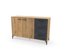 Aparador Salón Comedor, Buffet, Mueble Auxiliar, 2 puertas y 3 Cajones, Roble Gold combinado con imitacón mármol negro, 85x135x40cm, Despensa, Cocina, Despacho, Moderno, Industrial, modelo Nantes