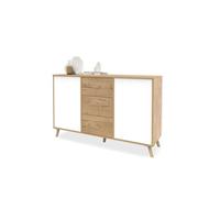 Aparador Salón Comedor, Buffet, Mueble Auxiliar, 2 puertas y 3 Cajones, Roble Gold con puertas blancas, 89x140x40cm, Despensa, Cocina, Despacho, Tirador Push o Pulsador, Moderno, Nórdico, modelo Oslo