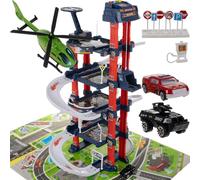 Aparcamiento de juguete de 4 pisos hecho de ABS resistente + PP con ascensor eléctrico, efectos de luz, sonido, coches y helicópteros, juguete educativo para niños a partir de 3 años