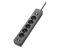 APC Surge Protector PME5U2B-GR - Regleta de 5 enchufes con protección contra sobretensiones (Enchufe Schuko, conmutable, 2 Salidas de Carga USB), Color Negro