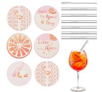 Aperol Set de regalo con 6 posavasos de fieltro y 6 pajitas de cristal, accesorios reutilizables para aperitivos con cepillo de limpieza, decoración de mesa para fans de spritz y fiesta de verano