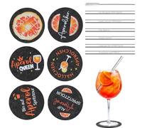 Aperol Set de regalo con 6 posavasos de fieltro y 6 pajitas de cristal, accesorios reutilizables para aperitivos con cepillo de limpieza, decoración de mesa para fans de spritz y fiesta de verano