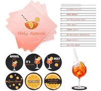 Aperol Spritz Decoracion con Servilletas Papel Holy Aperoli Juego de 50 Unidades, 6 Posavasos de Fieltro Redondos, 8 Pajitas Cristal Aperol Reutilizables de Texto, para Fiestas Temáticas, Cócteles (A)