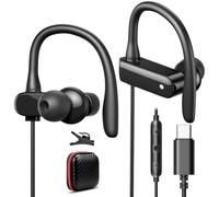 APETOO Auriculares USB C con micrófono de gancho para la oreja y control de volumen, auriculares de entrenamiento tipo C con cable, sonido estéreo de alta fidelidad, auriculares deportivos para iPhone