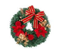 APGLSXY Corona de pino artificial para puerta con cinta roja y dorada, corona de exhibición navideña de 33 cm con flores de Pascua para pared, ventana, espacios interiores