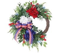 APGLSXY Corona temática de la bandera de Estados Unidos hecha a mano con flores realistas de hortensias y follajes para celebraciones navideñas, corona roja, blanca y azul