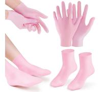 Aphlos Calcetines y guantes hidratantes de silicona rosa (1 par cada uno) para hidratación intensiva, alivio de la aspereza y tratamiento de callos, cuidado hidratante de la piel para manos y pies