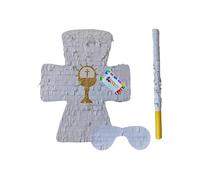 APINATA4U - Piñata de cruz blanca con detalles de cáliz dorado (17.5 x 13.4 x 3.5 pulgadas), perfecta para bautizo o celebraciones de primera comunión, kit completo con palo y máscara incluidos