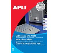 APLI 10071 - Etiquetas adhesivas metalizada tamaño 210x297 mm para fotocopiadora laser en caja de 20 hojas , color plateado
