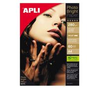 APLI 10413 - Papel fotográfico Photobright, A4, pack de 60 hojas, 280 g, con acabado brillante, calidad profesional, apto impresoras inkjet