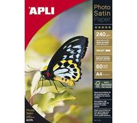 APLI 10414- Papel fotográfico Photosatin, A4, pack de 60 hojas, 240 g, acabado semi-brillante con secado instantáneo