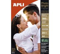 APLI 10970- Papel fotográfico Photobright larga duración, A4, pack de 20 hojas, 300 g , con acabado brillante, calidad profesional, apto impresoras inkjet