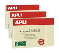 APLI 10971 - Notas adhesivas CLASSIC 75 x 50 mm bloc de 100 hojas color amarillo (Paquete de 3)