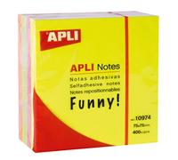 APLI 10974 - Notas adhesivas FUNNY 75 x 75 mm cubo de 400 hojas 4 colores surtidos fluorescente