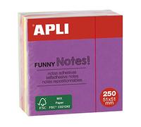 APLI 11596 - Notas adhesivas FUNNY 51 x 51 mm mini-cubo de 250 hojas 5 colores surtidos fluorescente