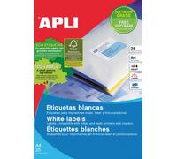 APLI 1214 - Etiquetas blancas permanentes adhesivas imprimibles, Inkjet-Laser-Copy, tamaño etiqueta 105 x 37 mm, cantos rectos, pack de 25 hojas A4 (400 etiquetas), Ideal para sobres