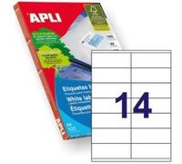 APLI 1275 - Etiquetas blancas permanentes adhesivas imprimibles, Inkjet-Laser-Copy, tamaño etiqueta 105 x 40 mm, cantos rectos, pack de 100 hojas A4 (1400 etiquetas), ideal para sobres