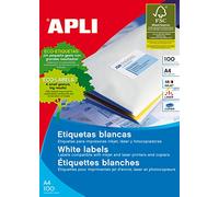 APLI 1285 - Etiquetas blancas permanentes adhesivas imprimibles, Inkjet-Laser-Copy, tamaño etiqueta 48,5 x 25,4 mm, cantos rectos, pack de 100 hojas A4 (4400 etiquetas), ideal para sobres