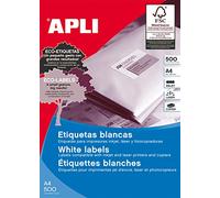 APLI 1785 - Etiquetas blancas permanentes adhesivas imprimibles, Inkjet-Laser-Copy, tamaño etiqueta 105 x 37 mm, cantos rectos, pack de 500 hojas A4 (8000 etiquetas), ideal para sobres