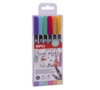 APLI Rotuladores acuarelables 18574 - Pack 6 tonos pastel, doble punta redonda 1 mm y pincel 1-4 mm