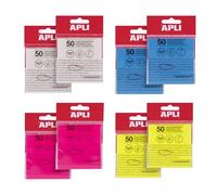 APLI 19900 - Pack 8 blocs de notas adhesivas transparentes 75 x 75 mm en colores surtidos, 50 hojas translúcidas/bloc,resistentes al agua, uso escolar u oficina