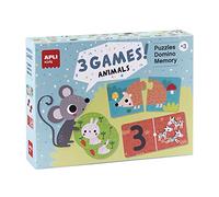APLI Kids 18798 - Set de 3 Juegos Infantiles - Animales: 1 Puzle de 24 Piezas, 1 Dominó de 36 Piezas y 1 Memory de 24 Piezas.