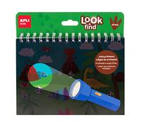 APLI Kids 19204 - Bloc Look & find Dinosaurios, juego de observación con temática de dinos, en forma de bloc de láminas divertidas con su "linterna mágica" de papel.