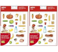 APLI Kids 19228 - Bolsa de gomets con temática de alimentación de adhesivo removible - 12 hojas de pegatinas de alimentos saludables (Paquete de 2)