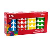 APLI Kids 19502 - Pack de 4 rollos de gomets con formas de corazones, colores azul, verde, amarillo y rojo, pegatinas con adhesivo permanente, ideal para escuelas/guarderías o talleres infantiles.