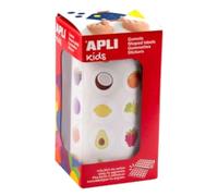 APLI Kids 19714 - Rollo de gomets con temática de las frutas, pegatinas con adhesivo permanente,900 stickers de frutas, ideal para escuelas/guarderías o talleres infantiles.