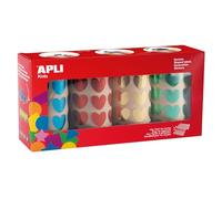 APLI Kids 19718 - Pack de 4 rollos de gomets con formas de corazones metalizados: azul, rojo, amarillo y verde; pegatinas ideales para escuelas/guarderías o talleres infantiles.