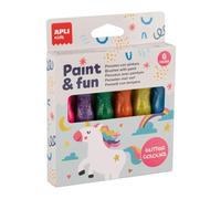 APLI Kids 19912 - Temperas en tubo con pincel, Pinceles con pintura acabado purpurina, 6 pinceles de 13ml, juego de pintura lavable para niños