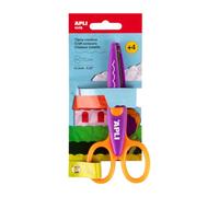 APLI Kids 19998- Tijera Preescolar Creativa Infantil Curva 13,5 cm - Mango Lila y Naranja - Seguridad y Comodidad para Niños +4 Años - Ideal para Manualidades y Uso Escolar