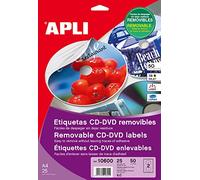 Etiquetas cd/dvd removibles tamaño mega mate 25 hojas i/l/c apli