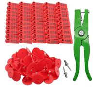 Aplicador de alicates para etiquetas de orejas de animales para ganado, cerdo, cabra, oveja, aleación de aluminio, mango ergonómico para etiquetado rápido, kit incluye 100 etiquetas rosas, 2 agujas de