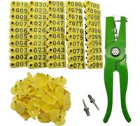 Aplicador de alicates para etiquetas de orejas de animales para ganado, cerdo, cabra, oveja, aleación de aluminio, mango ergonómico para etiquetado rápido, kit incluye 100 etiquetas rosas, 2 agujas de