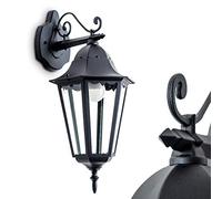 Aplique de exterior Hongkong, lámpara de pared hacia abajo de aspecto antiguo, fundición de aluminio en negro mate, cristales, E27, lámpara de exterior retro/vintage para terraza/patio, sin bombilla