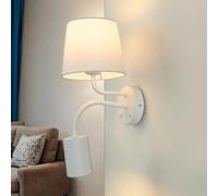 Aplique de pared con brazo de lectura LED de tela y metal blanco con doble interruptor luz de lectura para dormitorio y salón E27 y GU10 regulable para interior