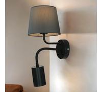 Aplique de pared con brazo de lectura LED de tela y metal gris con doble interruptor luz de lectura para dormitorio y salón E27 y GU10 regulable para interior