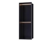 Aplique de pared de acero inoxidable con estantes dobles, no requiere azulejos, iluminación LED para baño, dormitorio y oficina, acabado negro, solución de almacenamiento que ahorra espacio