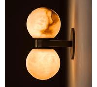 Aplique de Pared de Alabade 2 Luces, Apliques de Pared de Latón de Mediados de Siglo, Pantalla de Piedra de Mármol Natural, Luz de Tocador de Baño Dorada para Interiores, Accesorios para Mesita de Noc