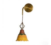 Aplique de Pared de Cerámica Vintage, Lámpara de Pared de Girasol de Latón, Lámpara Colgante Retro Francesa con Pantalla de Flor Amarilla, Accesorio con Cable Ajustable para Dormitorio, Mesita de Noch