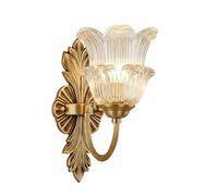 Aplique de pared de lujo de latón macizo, estilo vintage americano, con doble cabezal de cobre, exquisita base con relieve de hojas y pantalla de cristal estriada en forma de tulipán, ideal para sala