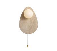 Aplique de pared de travertino, lámpara de noche Japandi con interruptor de cadena, lámpara de globo de piedra natural y vidrio, luminaria minimalista para cabecero de dormitorio y sala de estar.