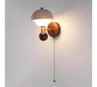 Aplique de pared de travertino natural de mediados de siglo, base de madera maciza con interruptor de cadena de tracción, lámpara de globo regulable de 3 colores para dormitorio, sala de estar