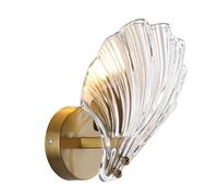 Aplique de pared LED moderno con base de hierro forjado dorado, pantalla de vidrio acanalado, lámpara de mesita de noche con forma de concha, luminaria Art Déco para interiores, ideal para dormitorio,