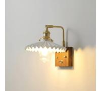Aplique de Pared Moderno de Madera de Nogal, Lámpara de Tocador de Latónizo Y Cerámica, Lámpara de Pared Vintage Ajustable con Pantalla Plisada E Interruptor, Iluminación de Lectura para Mesita de Noc