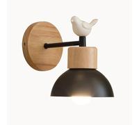 Aplique de pared nórdico con decoración de pájaros, base de madera y pantalla de cúpula de metal de hierro, lámpara moderna para dormitorio, estudio, pasillo, sala de estar y restaurantes (Negro)